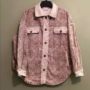 Pink Lily Bandana Patterned Tan Women's Oversized Shirt Jacket Size M